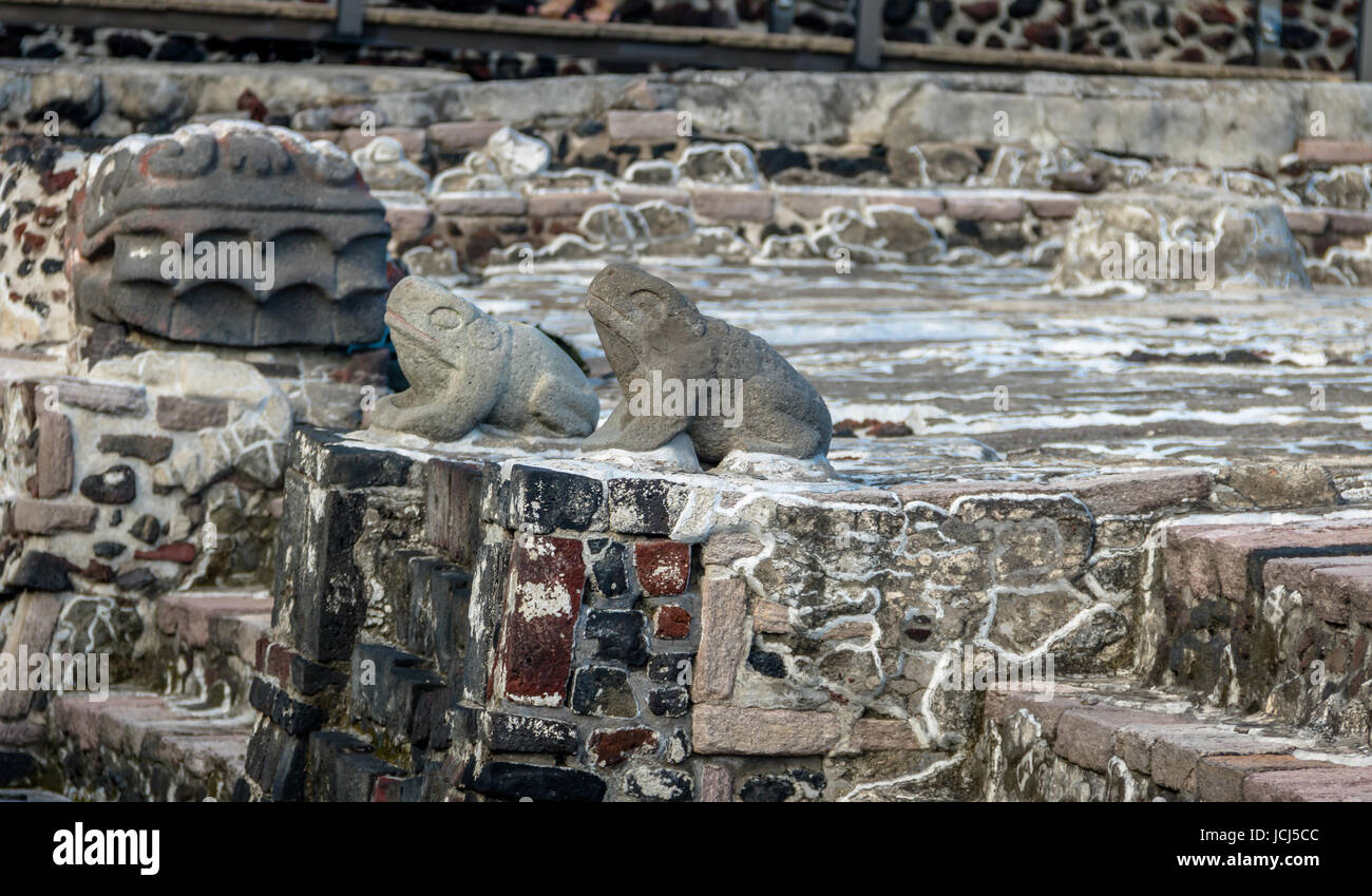 Frogs and Serpent Head Sculptures in Aztec Temple (Templo Mayor) at ruins of Tenochtitlan - Mexico City, Mexico Stock Photo