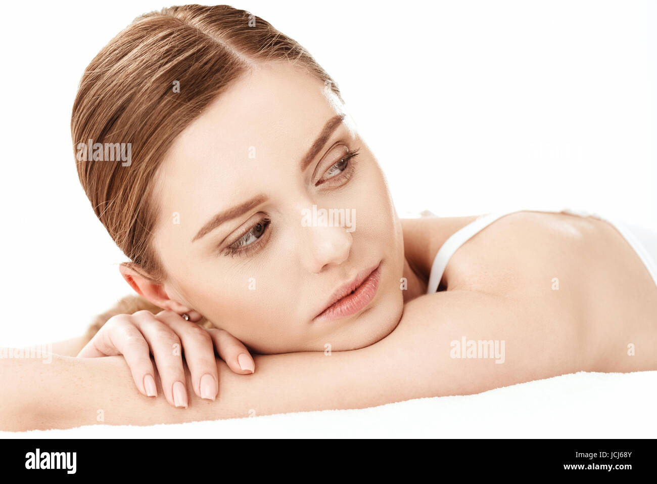 Close-up portrait of beautiful young woman with perfect skin looking away, skin care concept Stock Photo