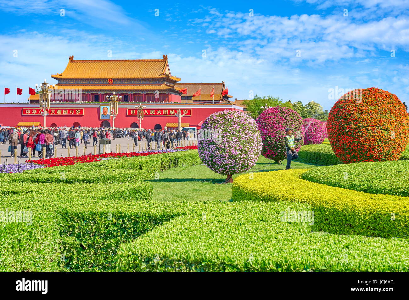 Blooming garden forms at the Tiananmen Square, Heavenly Peace, Beijing, China Stock Photo