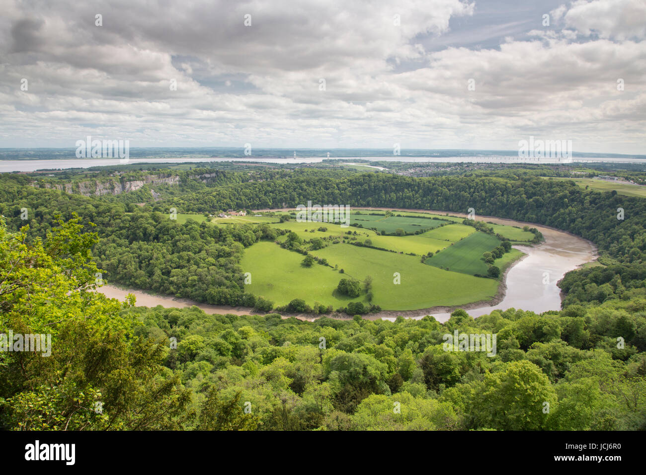 Eagle's Nest viewpoint in the Wye Valley, looking down the River Wye towards Chepstow, the River Severn and the Severn Bridge, Monmouthshire, Wales Stock Photo