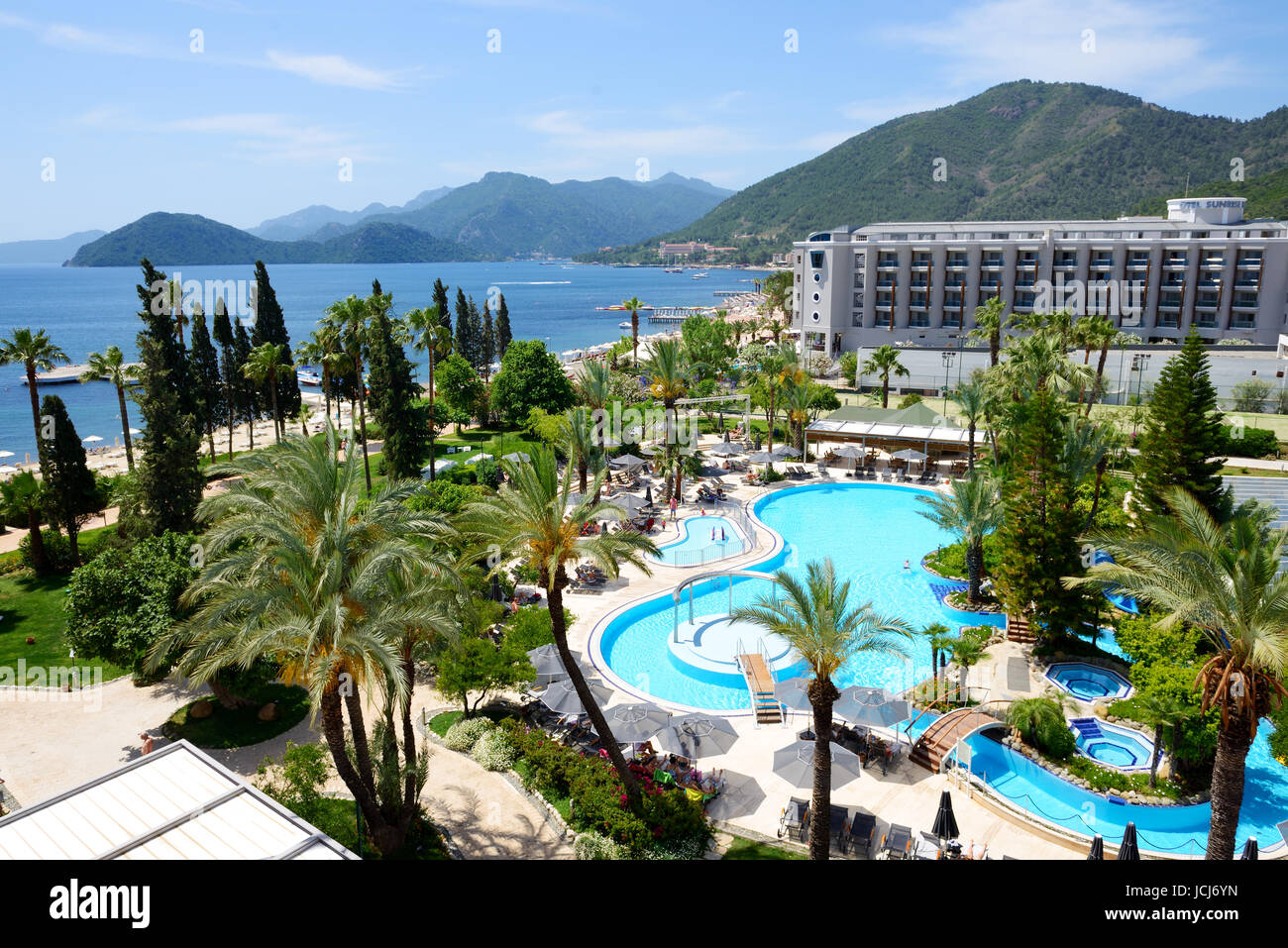 MARMARIS, TURKEY - MAY 20: The tourists enjoing their vacation in luxury hotel on May 20, 2013 in Marmaris, Turkey. More then 36 mln tourists have vis Stock Photo