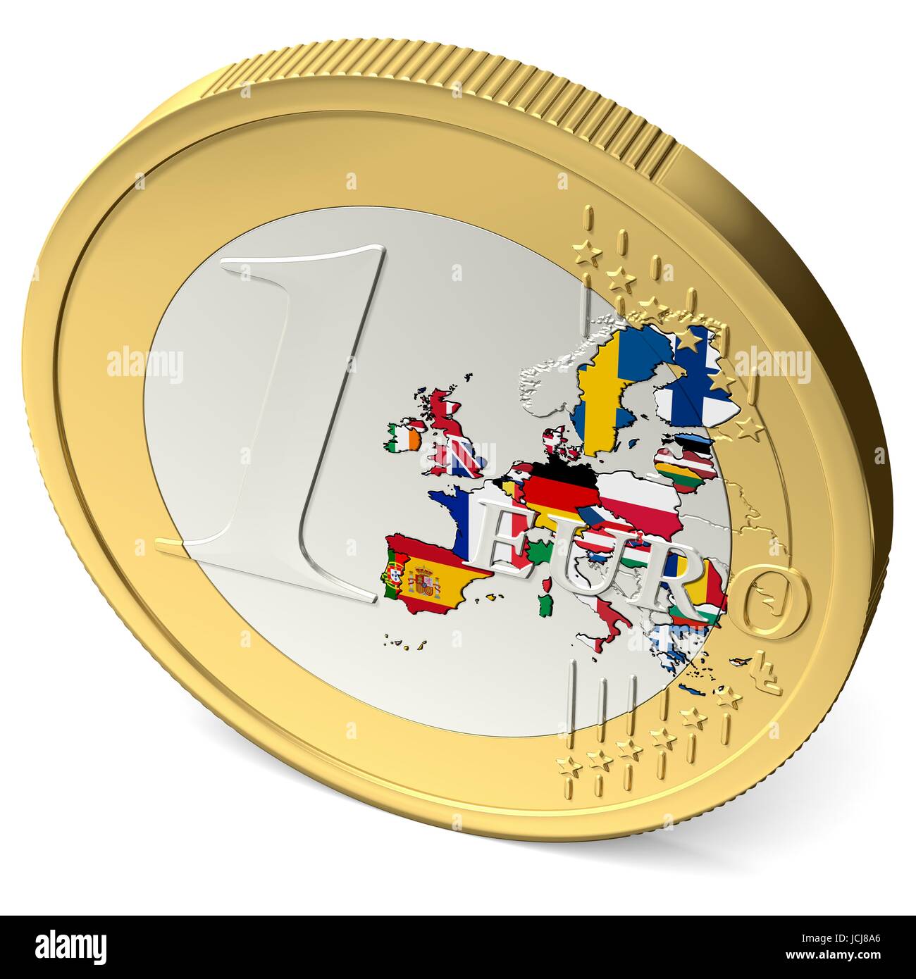 Ein Euro Münze mit buntem Europa mit Flaggen Stock Photo