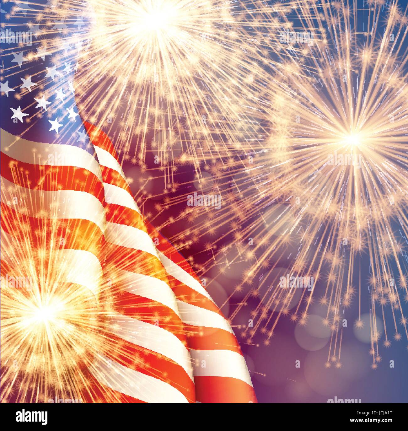 Fireworks background for 4th of July Independense Day with american flag. Vector illustration Stock Vector