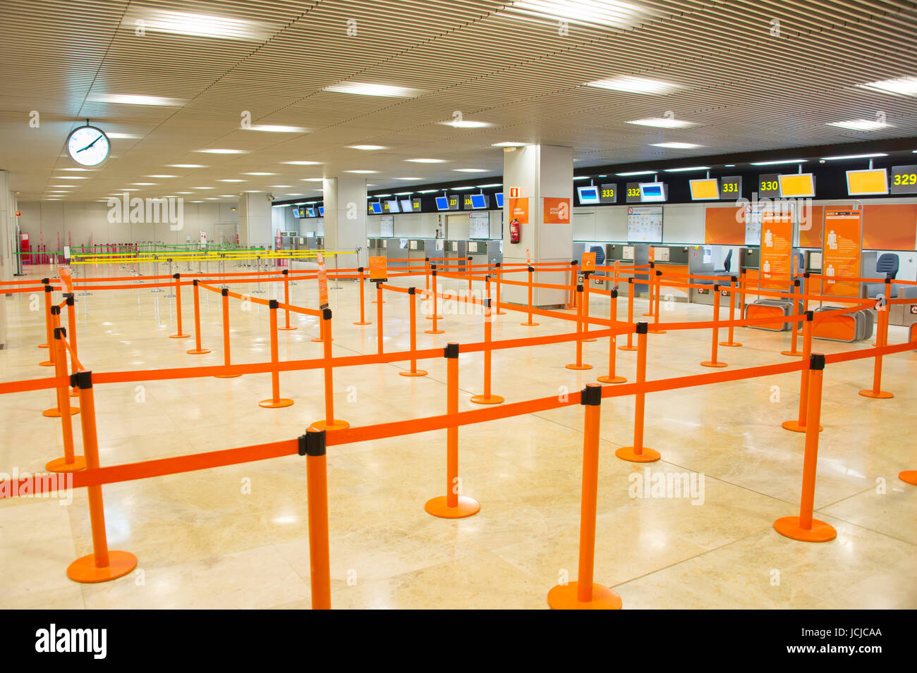 View of empty airport check-in counter hall Stock Photo
