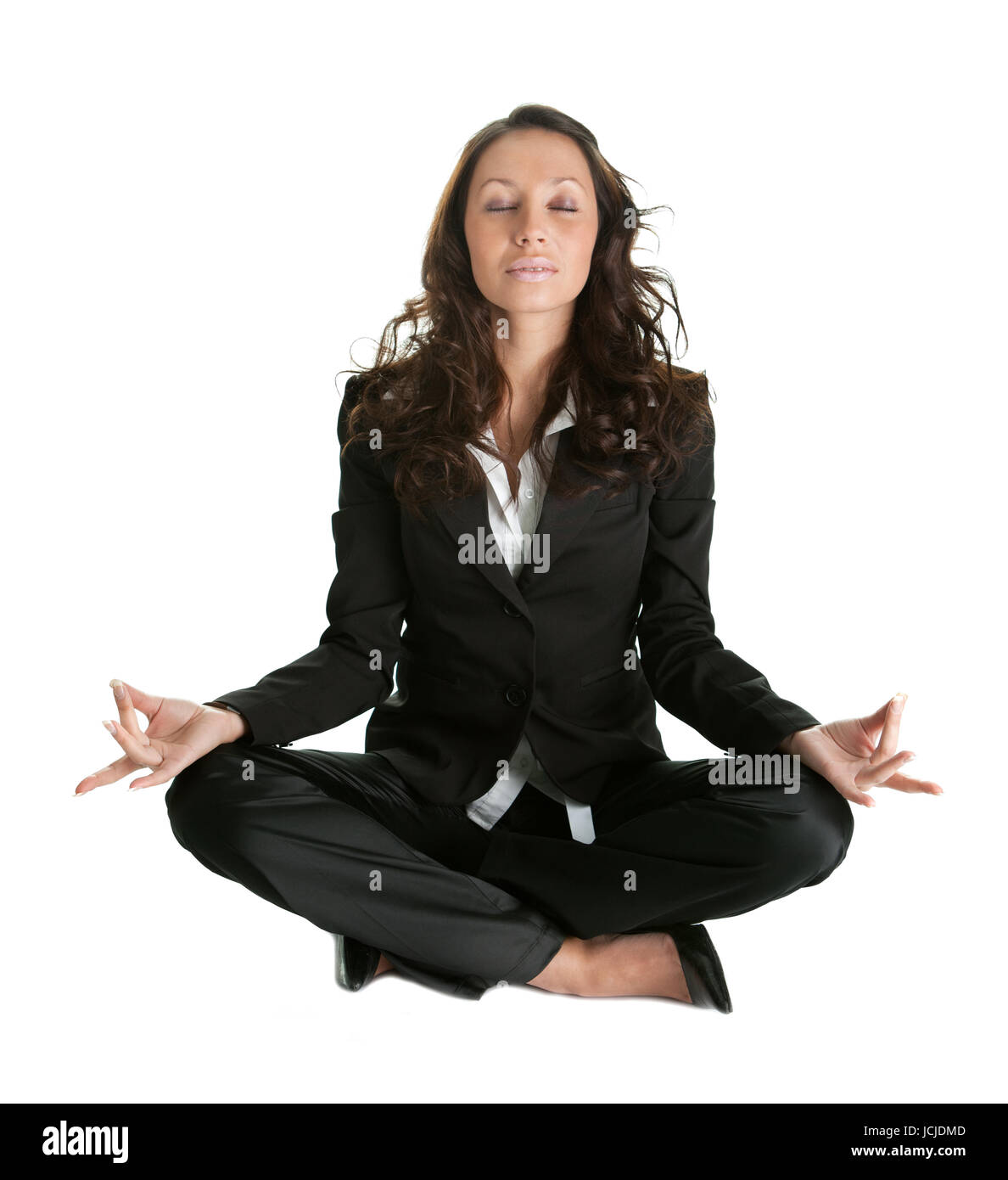 Businesswoman sitting in lotus flower position of yoga. Isolated on white Stock Photo Alamy