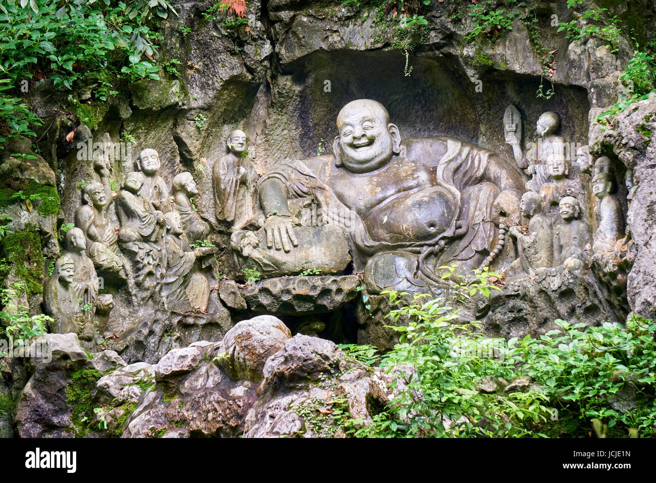 Laughing Buddha at Lingyin Temple, Hangzhou, China Stock Photo