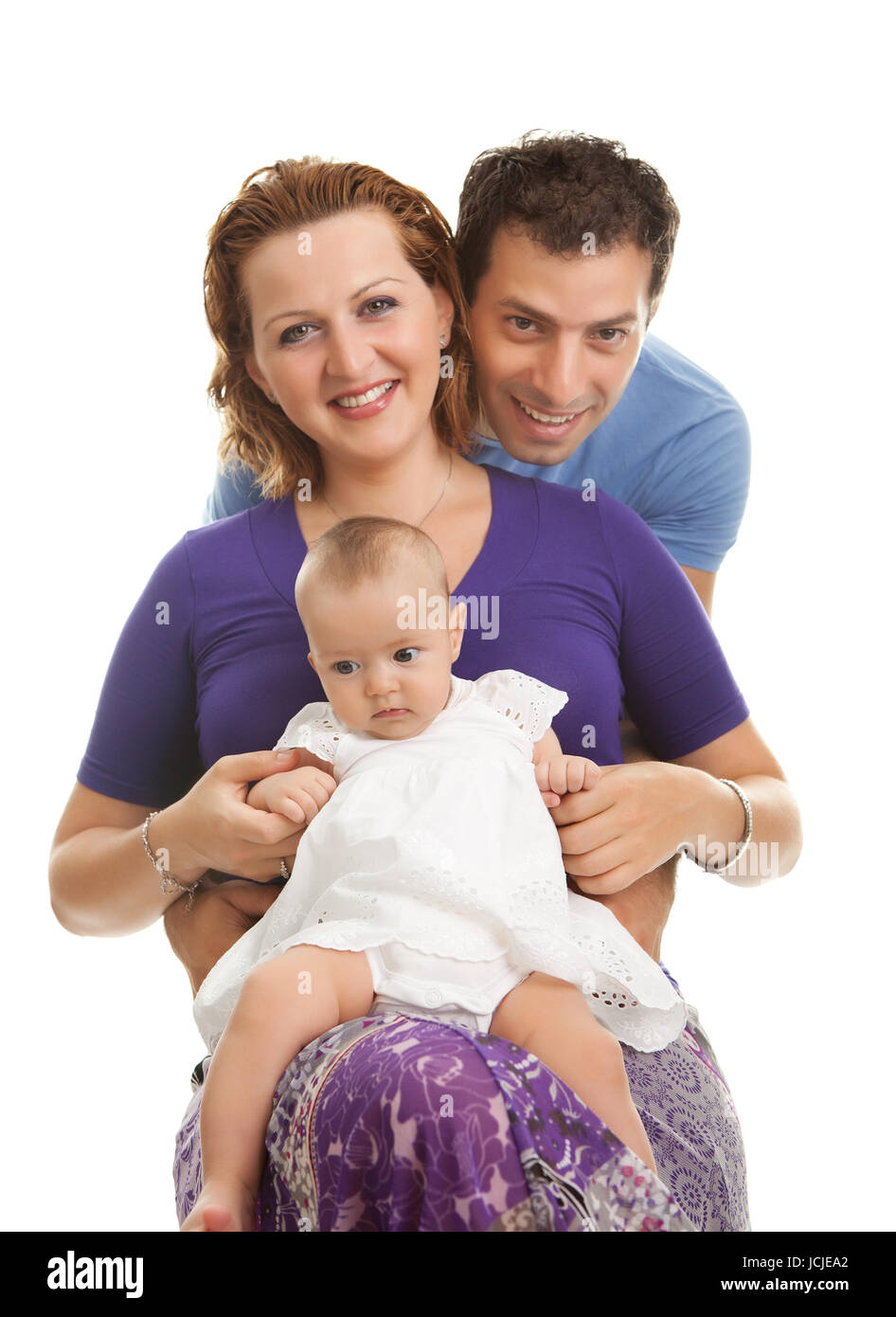 Portrait of happy young family isolated on white background Stock Photo ...