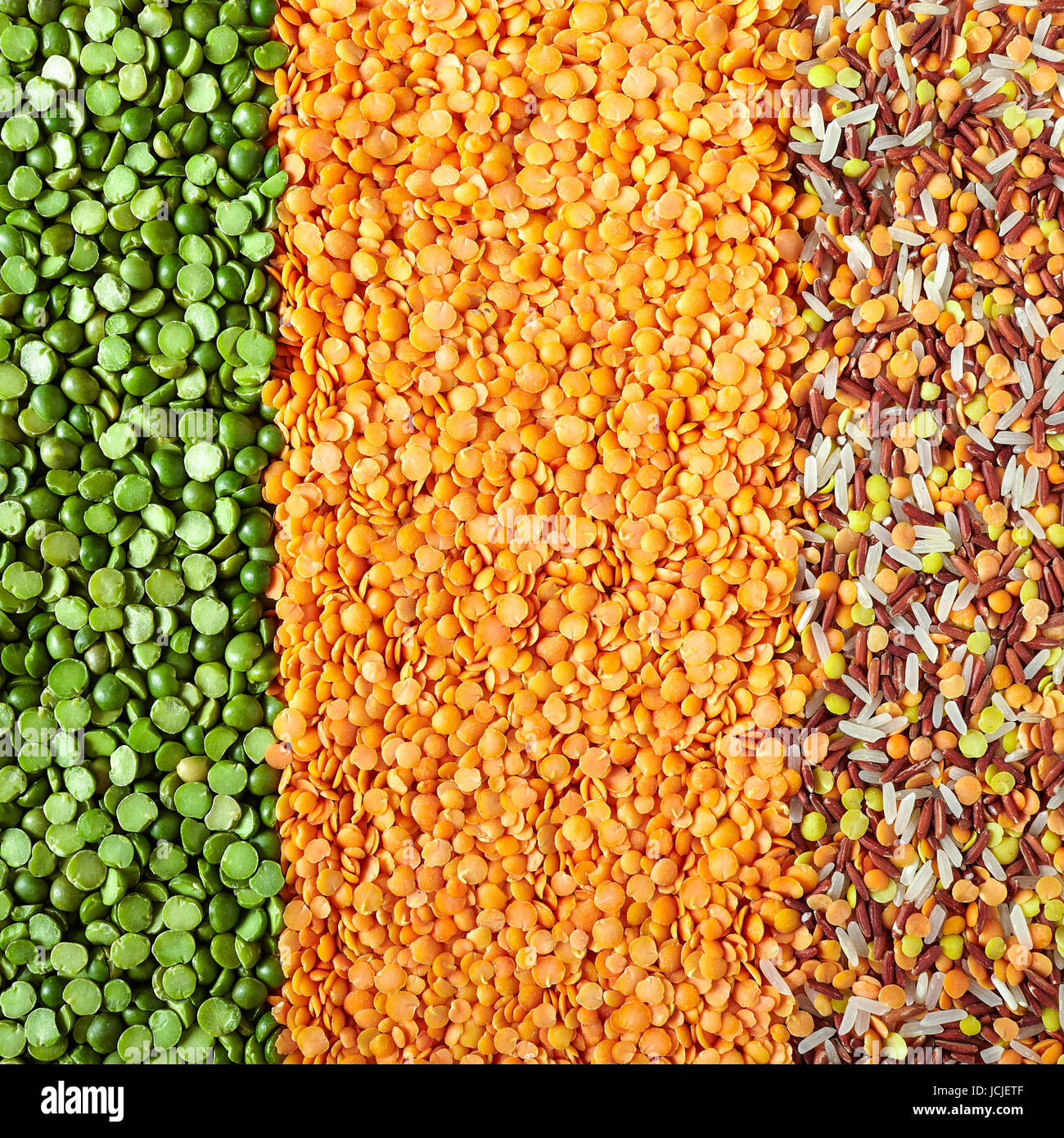 Vertical layers of dried legumes, from left to right green split peas
