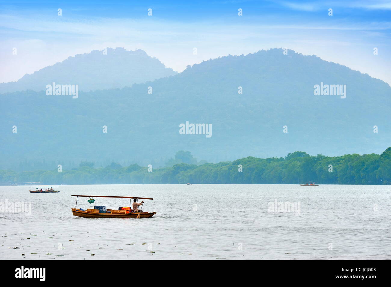 Traditional chinese wooden boat on West Lake, Hangzhou, China Stock Photo
