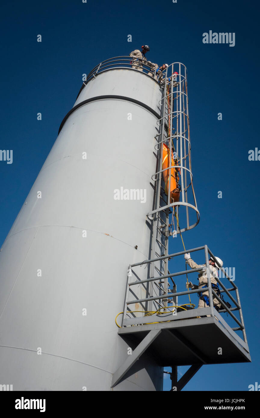 Crews practice high angle rescue at a public training facility at an