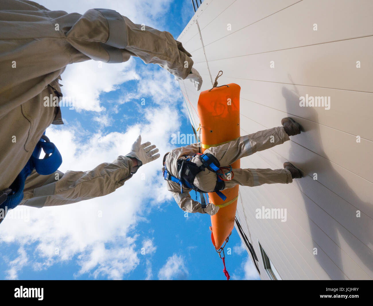Crews practice high angle rescue at a public training facility at an