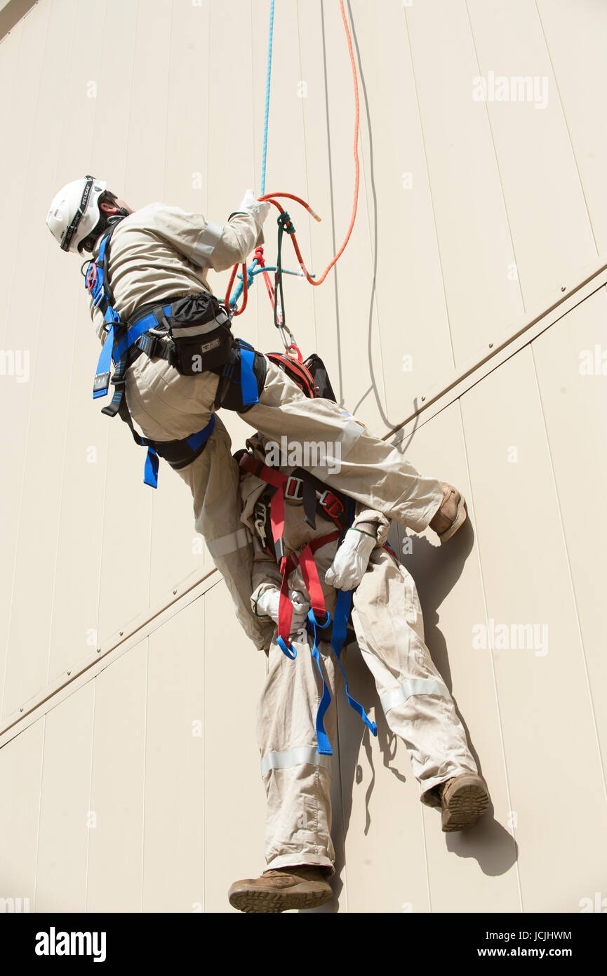 Crews practice high angle rescue at a public training facility at an  industrial site in Oregon using ropes, litters and rappelling techniques  Stock Photo - Alamy