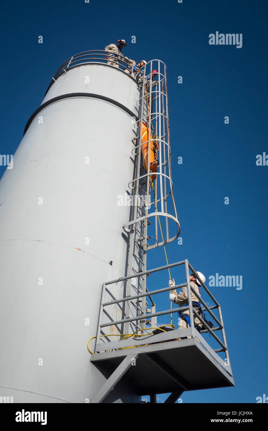 Crews practice high angle rescue at a public training facility at an