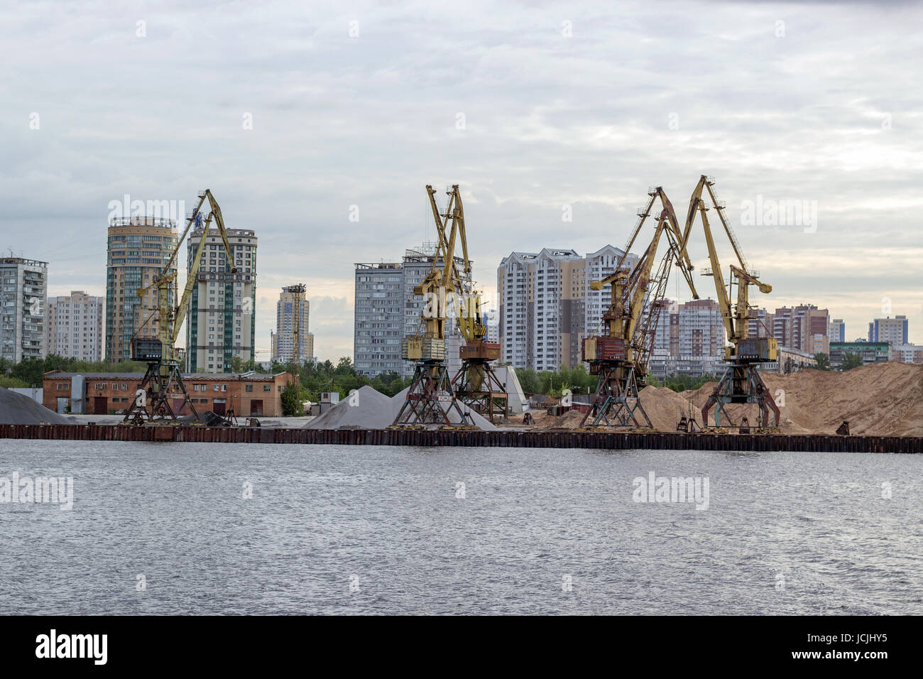 City port on river at early morning . Moscow Russia Stock Photo