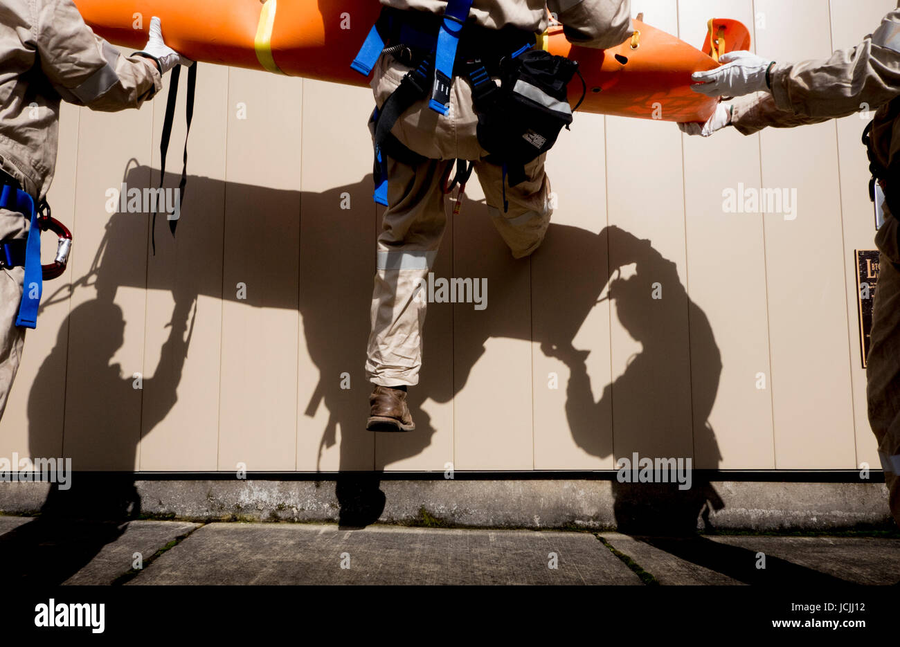 Crews practice high angle rescue at a public training facility at an