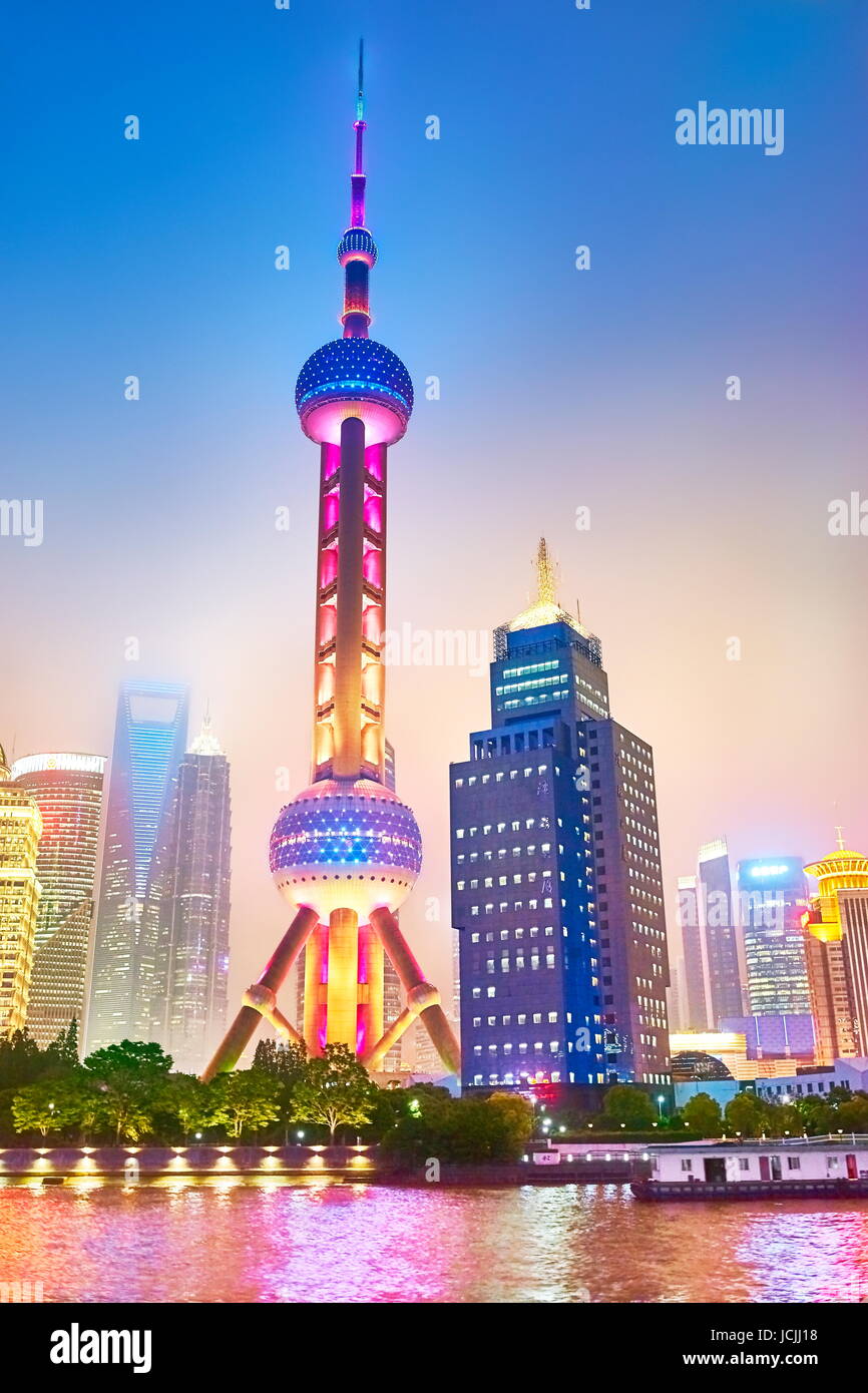Evening view at Oriental Pearl TV Tower, Pudong, Shanghai, China Stock Photo
