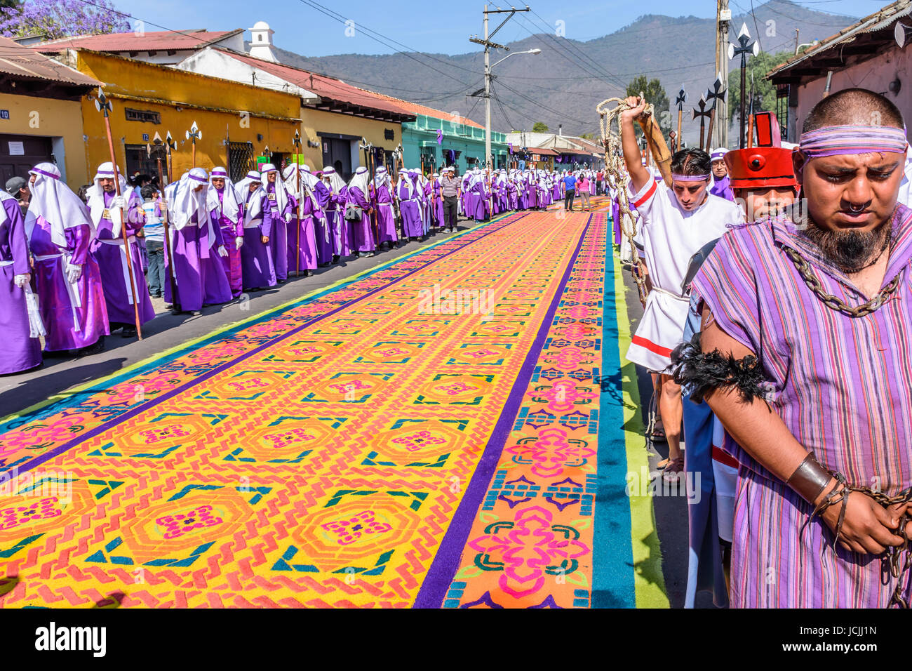 Antigua, Guatemala -  March 25, 2016: Good Friday procession in colonial town with most famous Holy Week celebrations in Latin America. Stock Photo