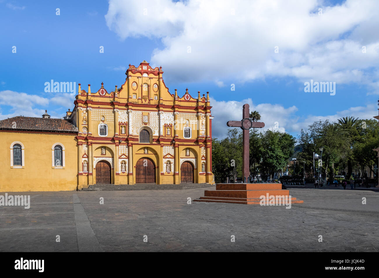 San Cristobal de las Casas Cathedral and Square with the Cross - San Cristobal de las Casas, Chiapas, Mexico Stock Photo