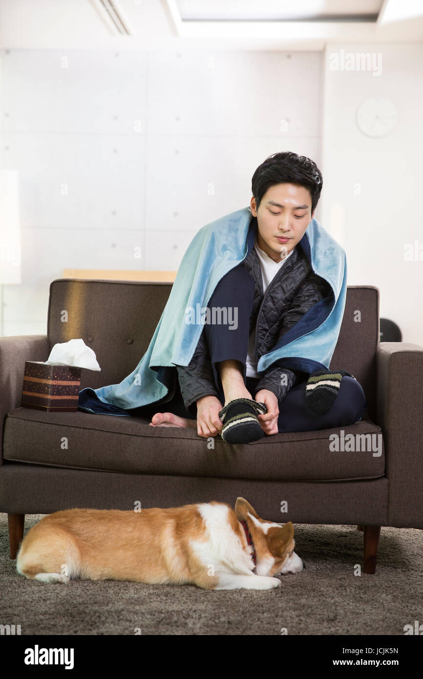Lifestyle of young bachelor and his pet dog Stock Photo Alamy