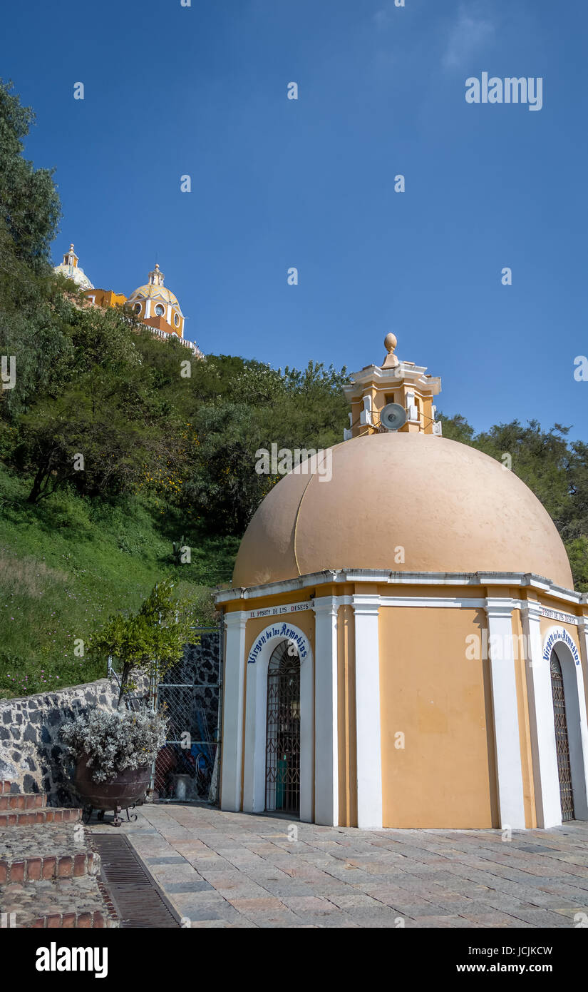 Church of Our Lady of Remedies at the top of Cholula pyramid and Well of Wishes - Cholula, Puebla, Mexico Stock Photo