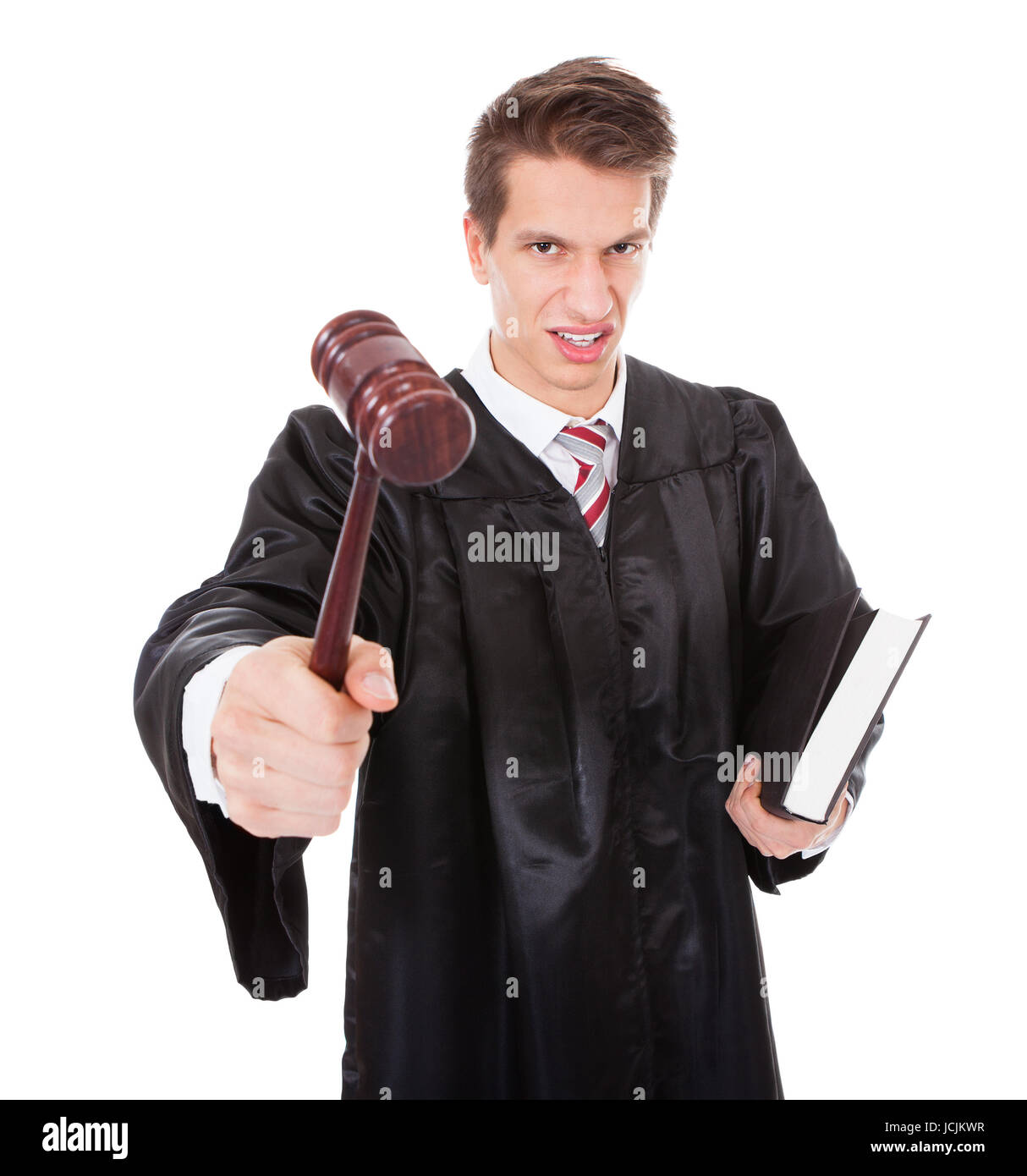 Portrait Of Frustrated Judge Holding Gavel And Book Over White