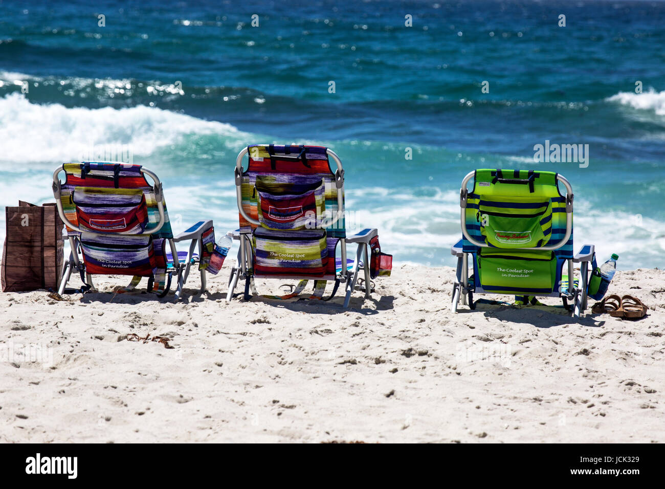Beach Chairs Looking Out to Sea - Asilomar State Beach, Pacific Grove, California Stock Photo