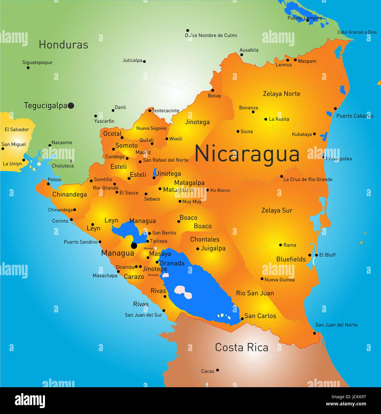 Nueva Guinea Nicaragua Map Vector Color Map Of Nicaragua Country Stock Photo - Alamy