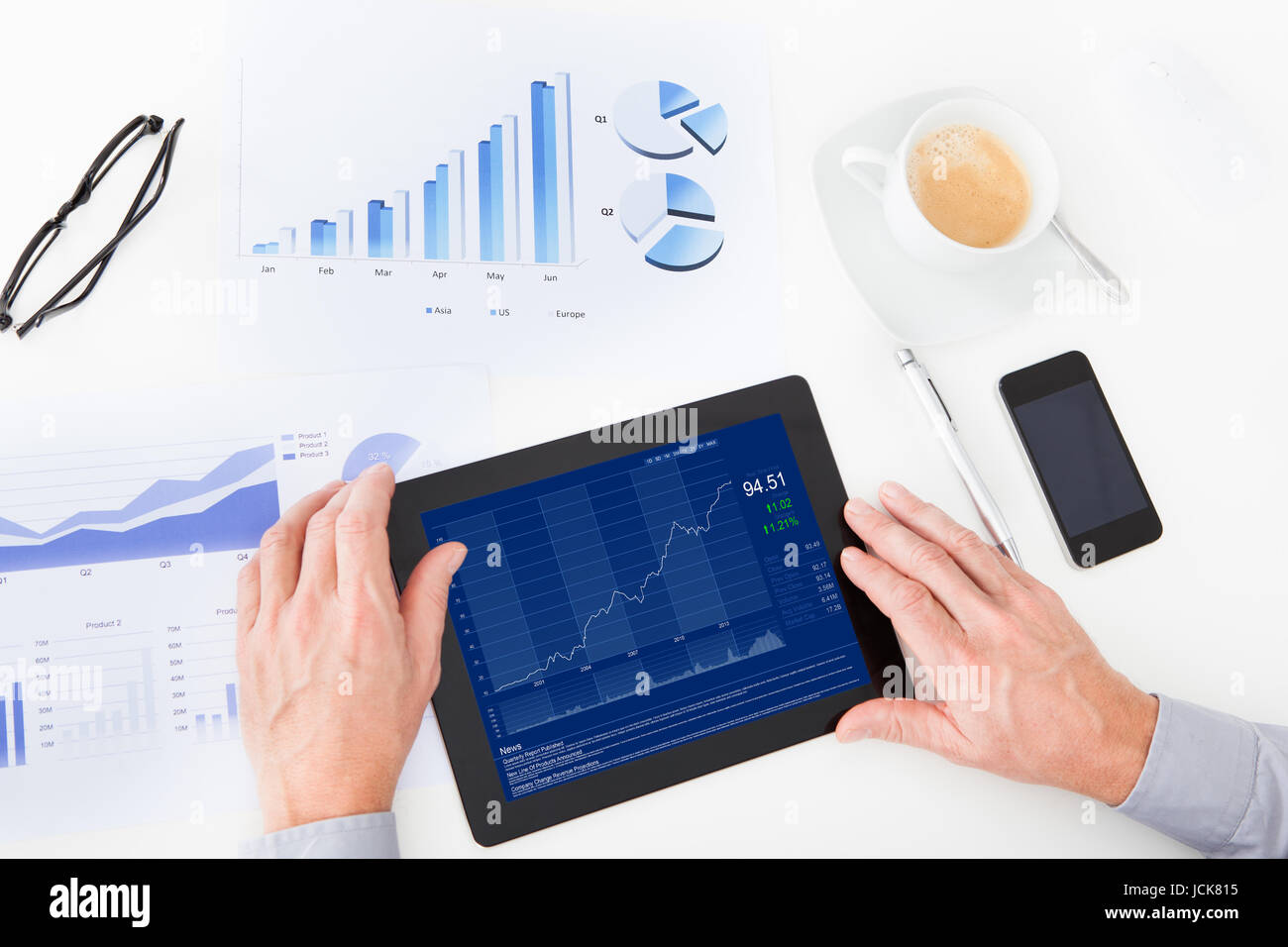 High Angle View Of Businessman Analyzing Graph On Digital Tablet Stock ...