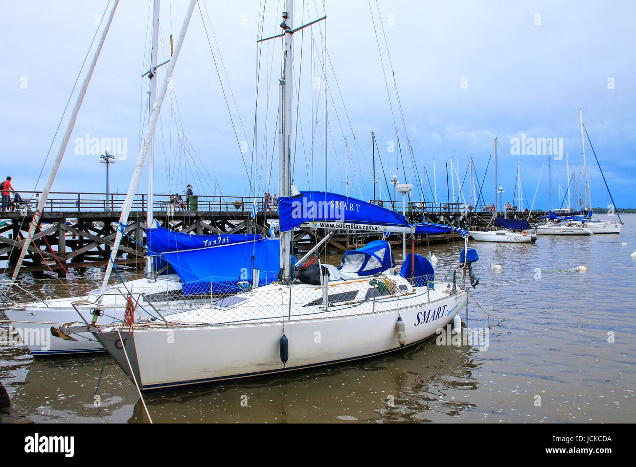 Sailboats anchored at the port in Colonia del Sacramento, Uruguay. It is one of the oldest towns in Uruguay Stock Photo