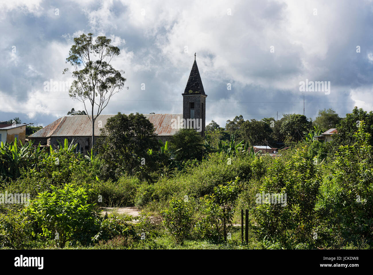 Old French church in the village of Andasibe, Madagascar Stock Photo