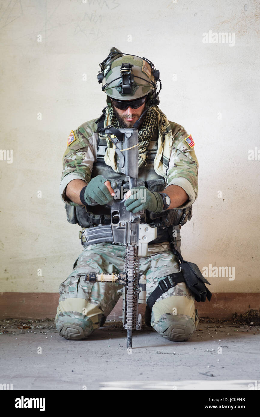 Portrait of american soldier resting from military operation Stock Photo