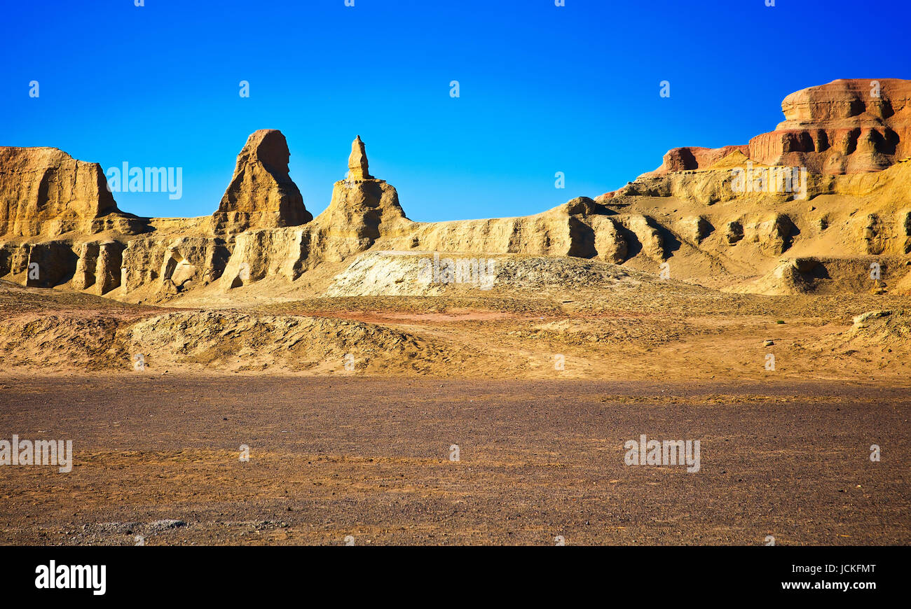 Tranquil desert with strange shape sandstones with clear blue sky ,Scenery in Tibet . Stock Photo