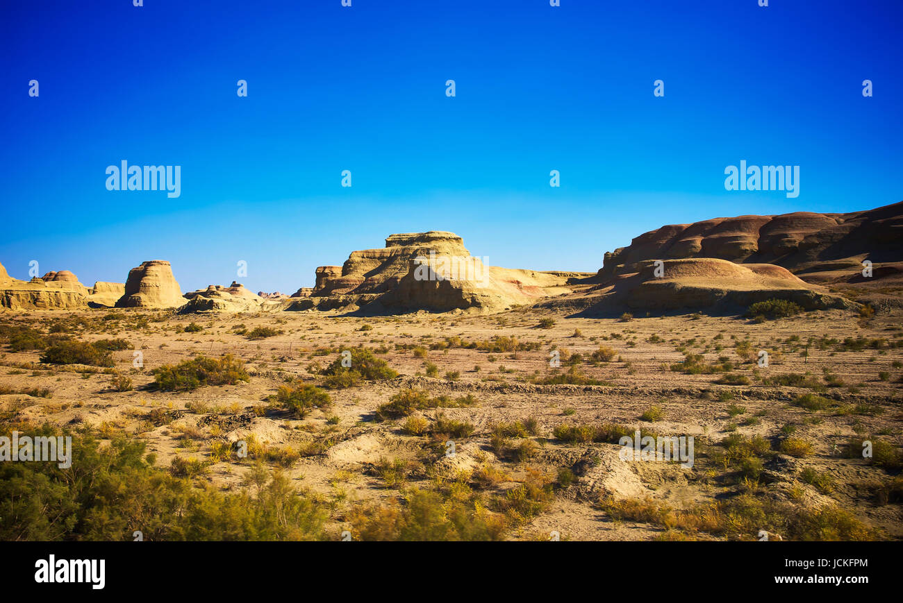 Tranquil  desert with sandstones with clear blue sky ,Scenery in Tibet . Stock Photo