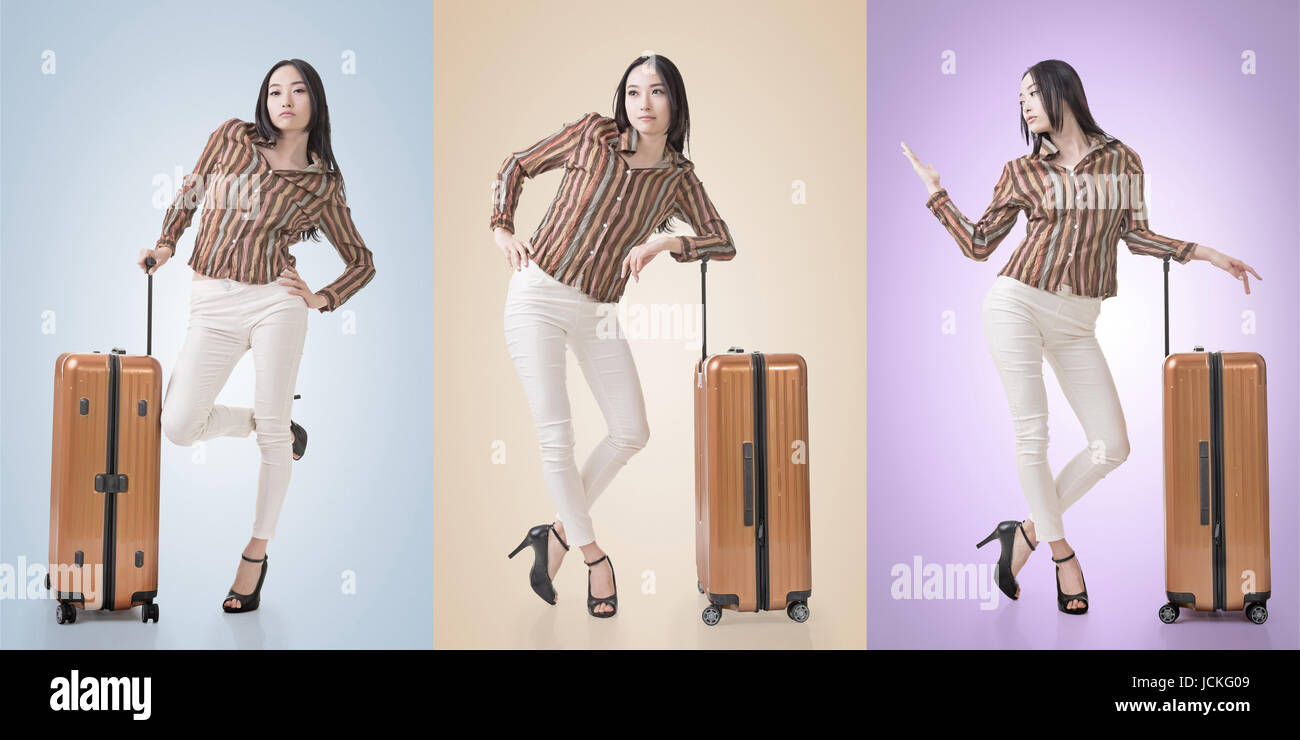 Travel concept with Asian beauty with a luggage in a set. Stock Photo