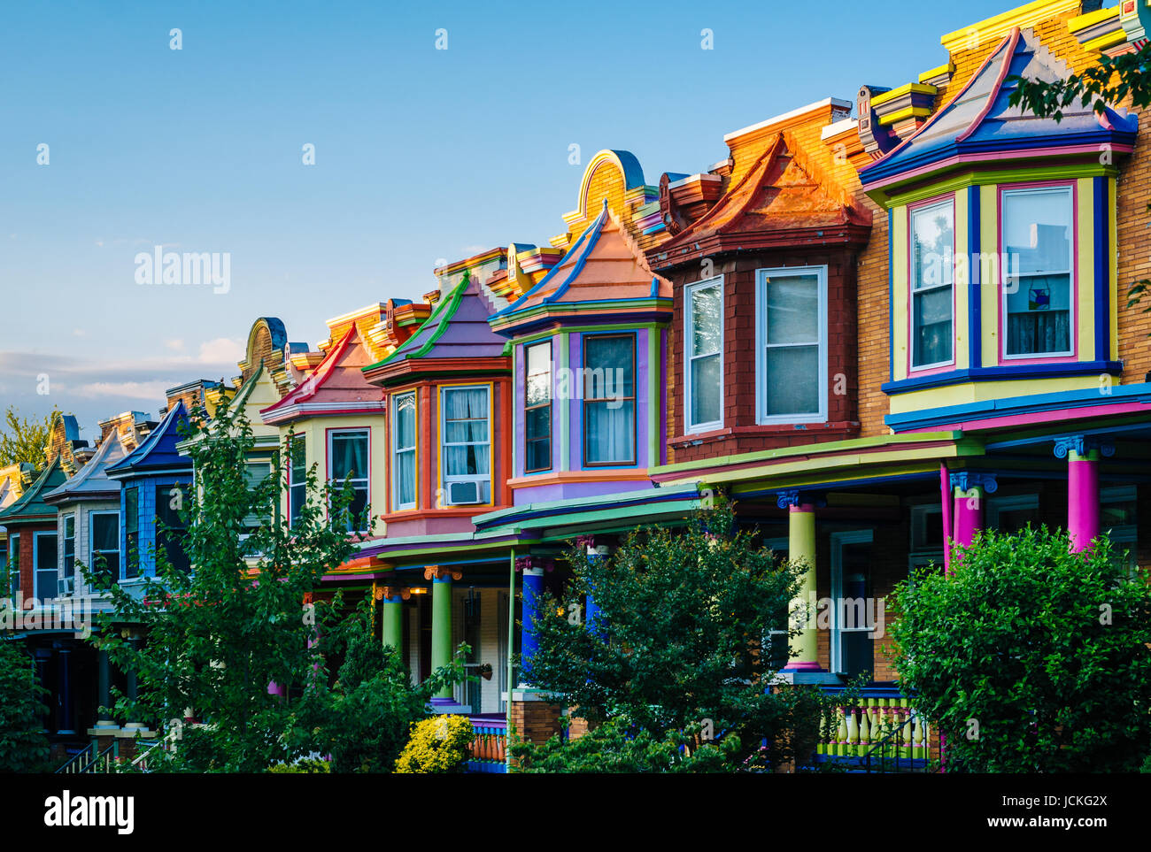 Colorful row houses on Guilford Avenue, in Charles Village, Baltimore