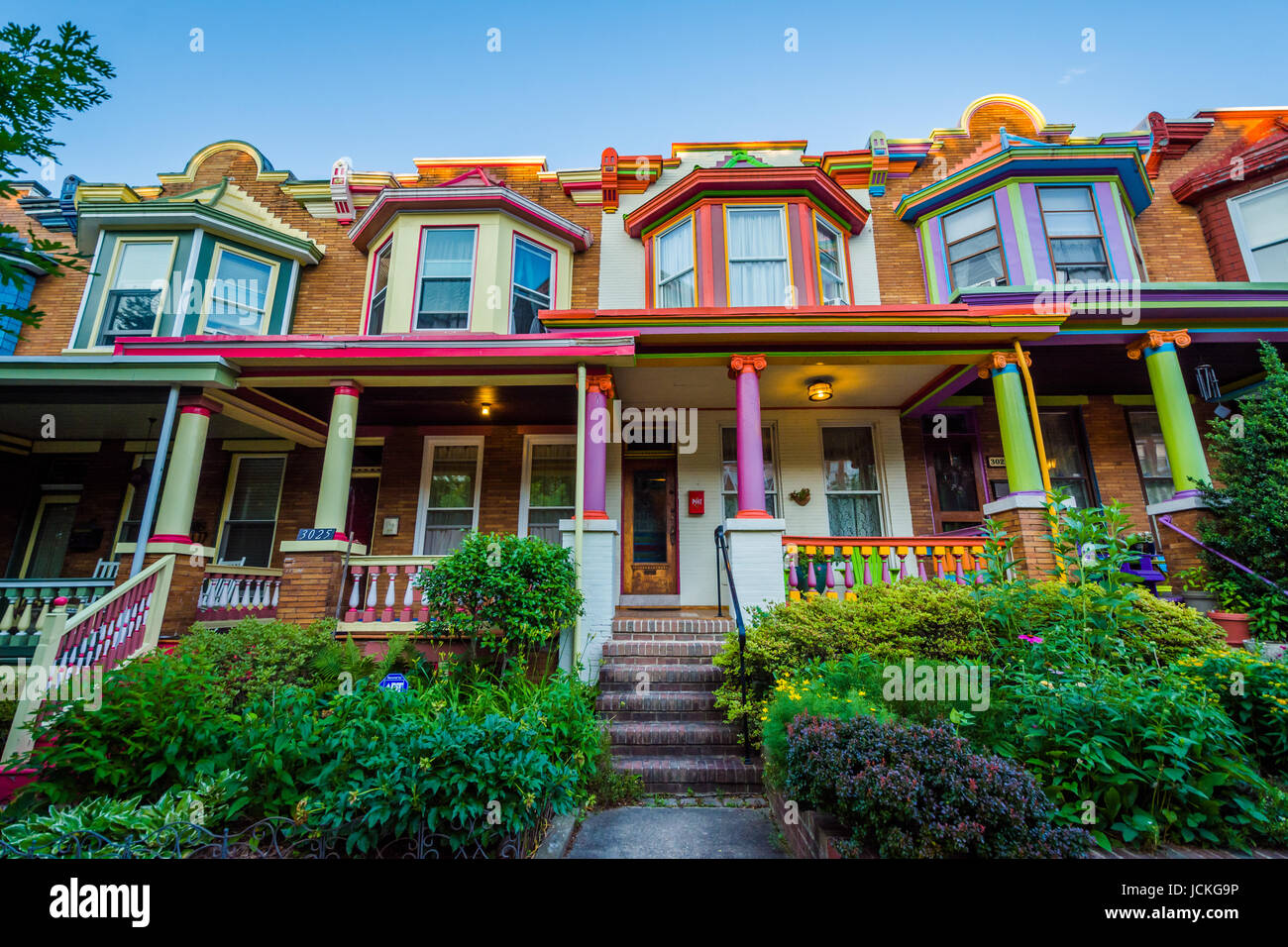 Colorful row houses on Guilford Avenue, in Charles Village, Baltimore