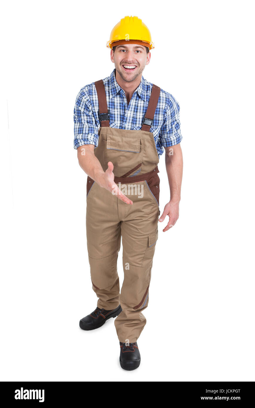 Shutterhand Worker Full length portrait of young manual worker with toolbox offering ...