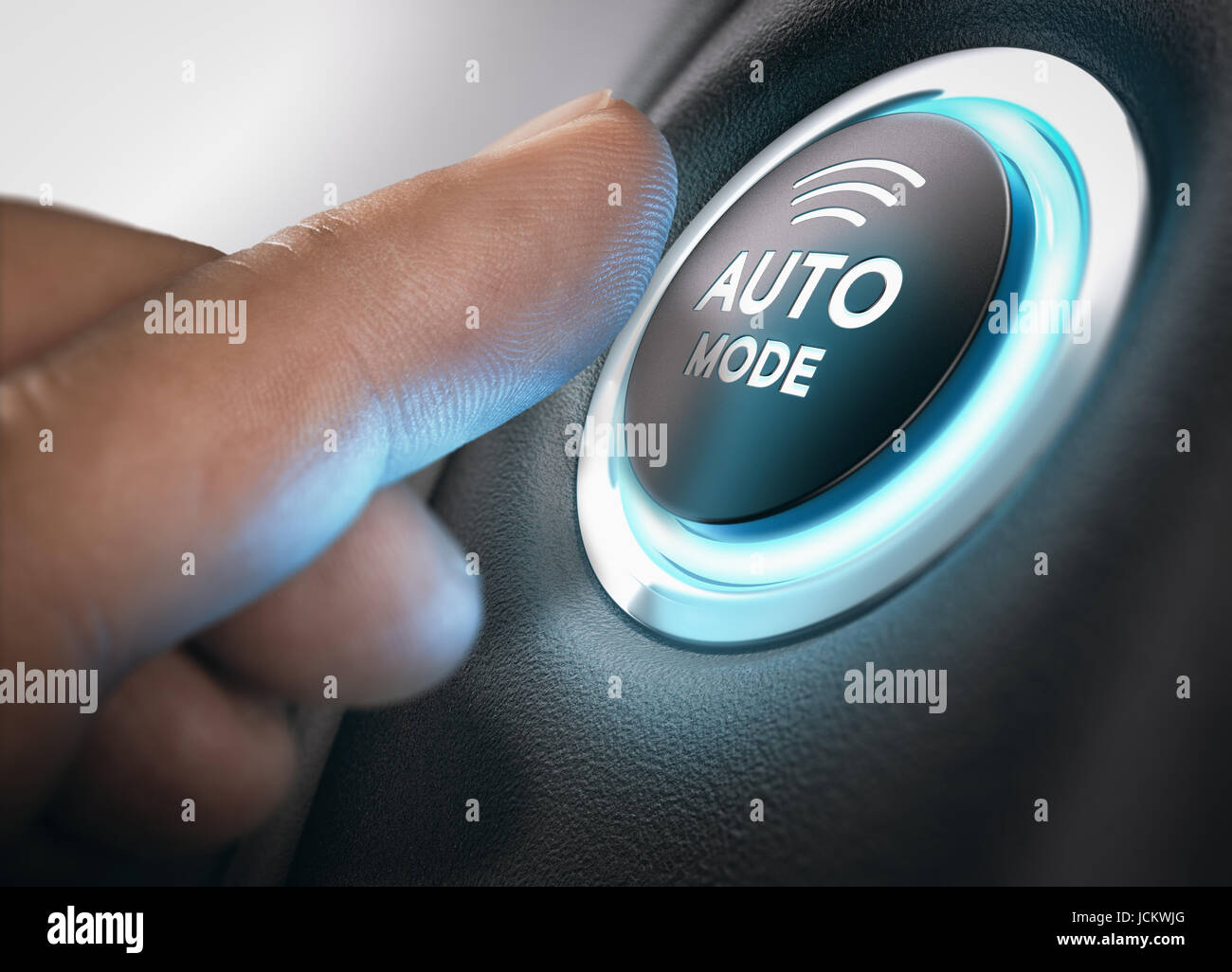 Finger about to activate automatic mode by pressing a push button. Composite image between a hand photography and a 3D background. Stock Photo