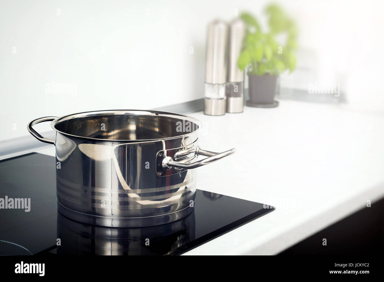 Pot in the kitchen on the induction hob. modern kitchen pot cooking