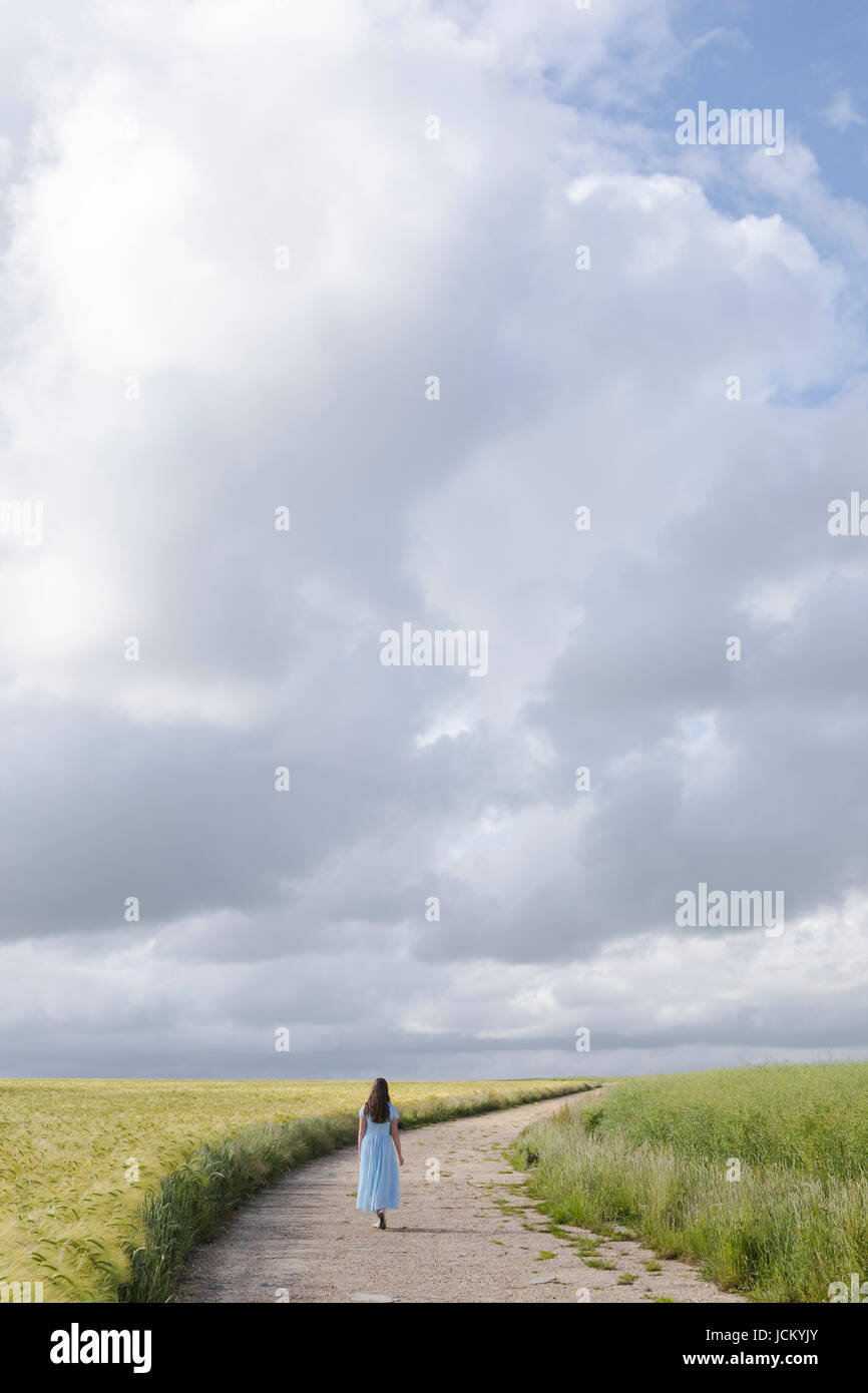 a woman in a blue dress is walking on a path through grainfields Stock Photo