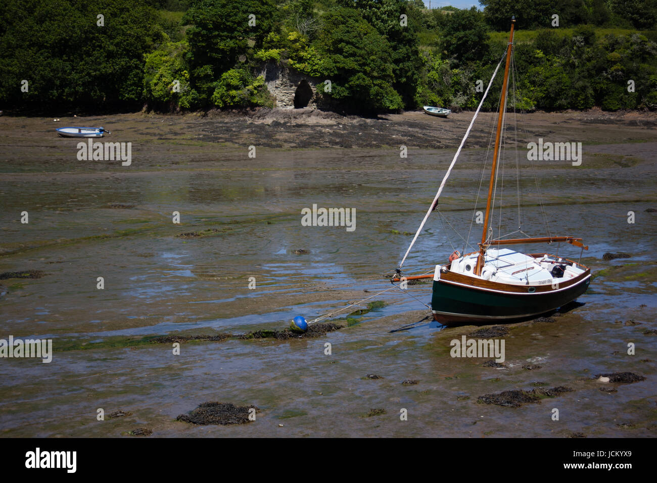 Sailboat stranded on Salcombe Esuary mud flats at low tide Stock Photo