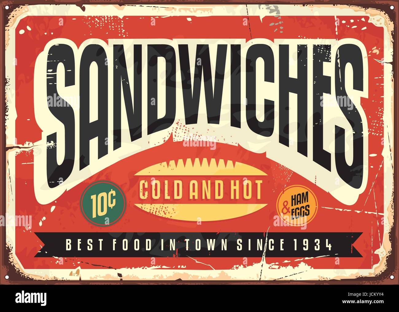 Retro food sign design for diner, restaurant or snack bar. Sandwiches vintage vector poster illustration on old red metal background. Stock Vector