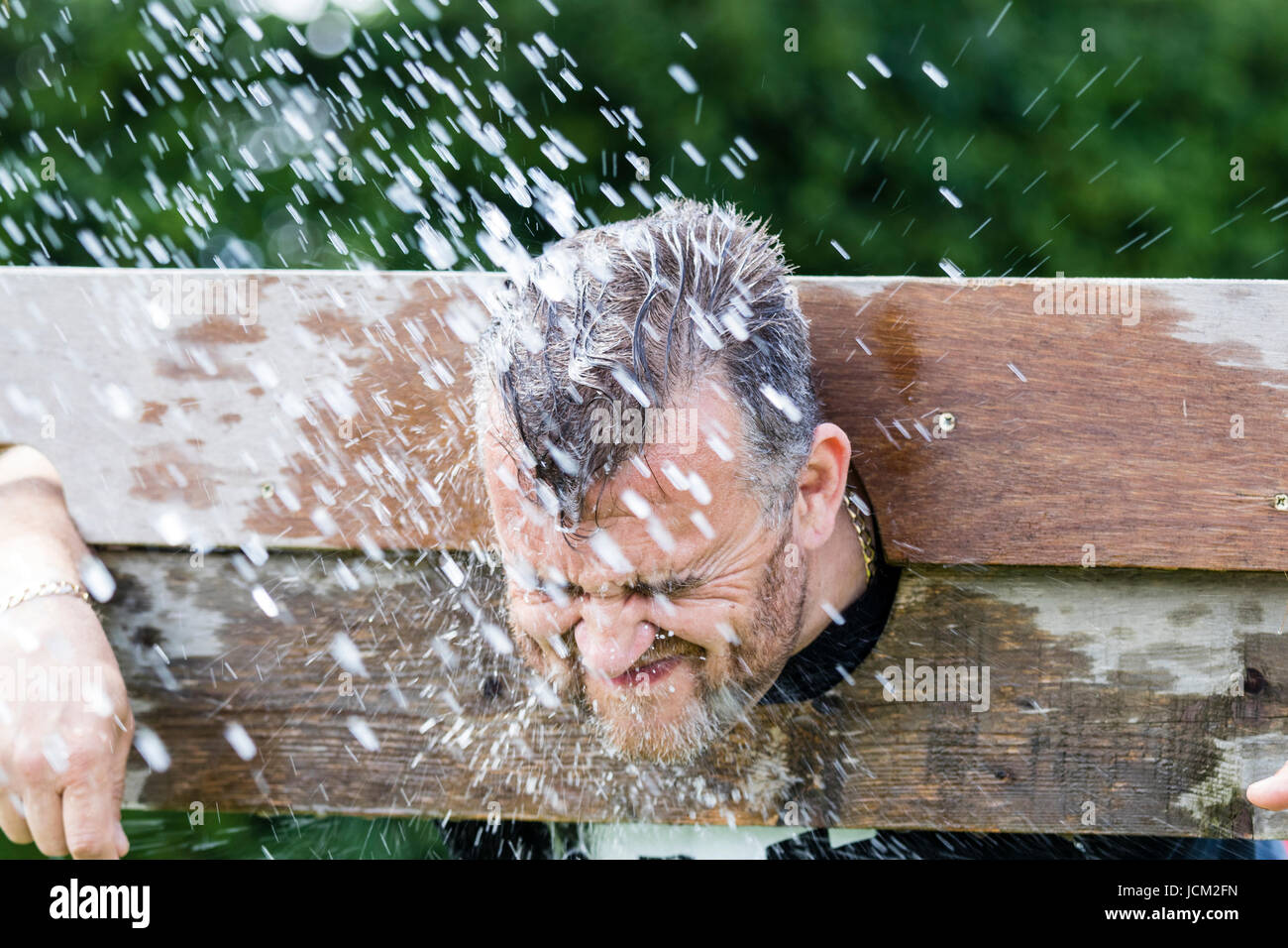 England, Coxheath. World custard pie championships. Man in stocks, getting hit by wet sponge. Blurred motion. Stock Photo