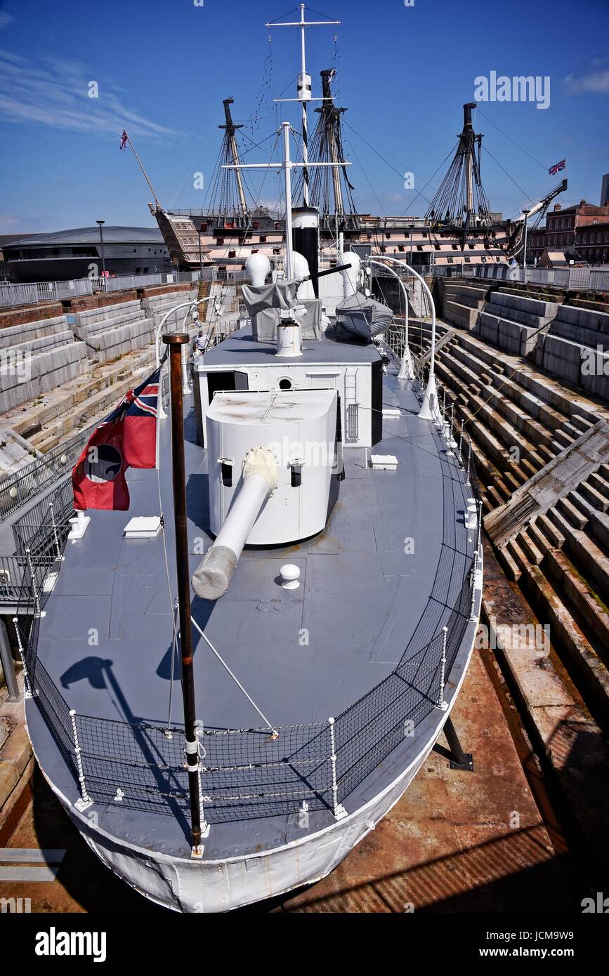 Portsmouth Historic Dockyard Hampshire UK HMS M33 an M29-class monitor of the Royal Navy built in 1915. Last survivor of Gallipoli. First World War Stock Photo