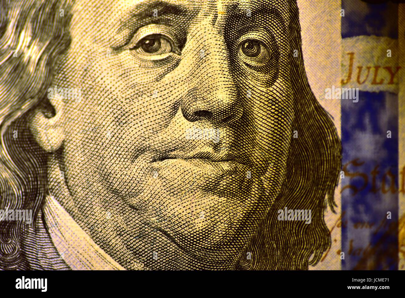 Benjamin Franklin and the United States Declaration of Independence on obverse of the 100 US dollar bill Stock Photo