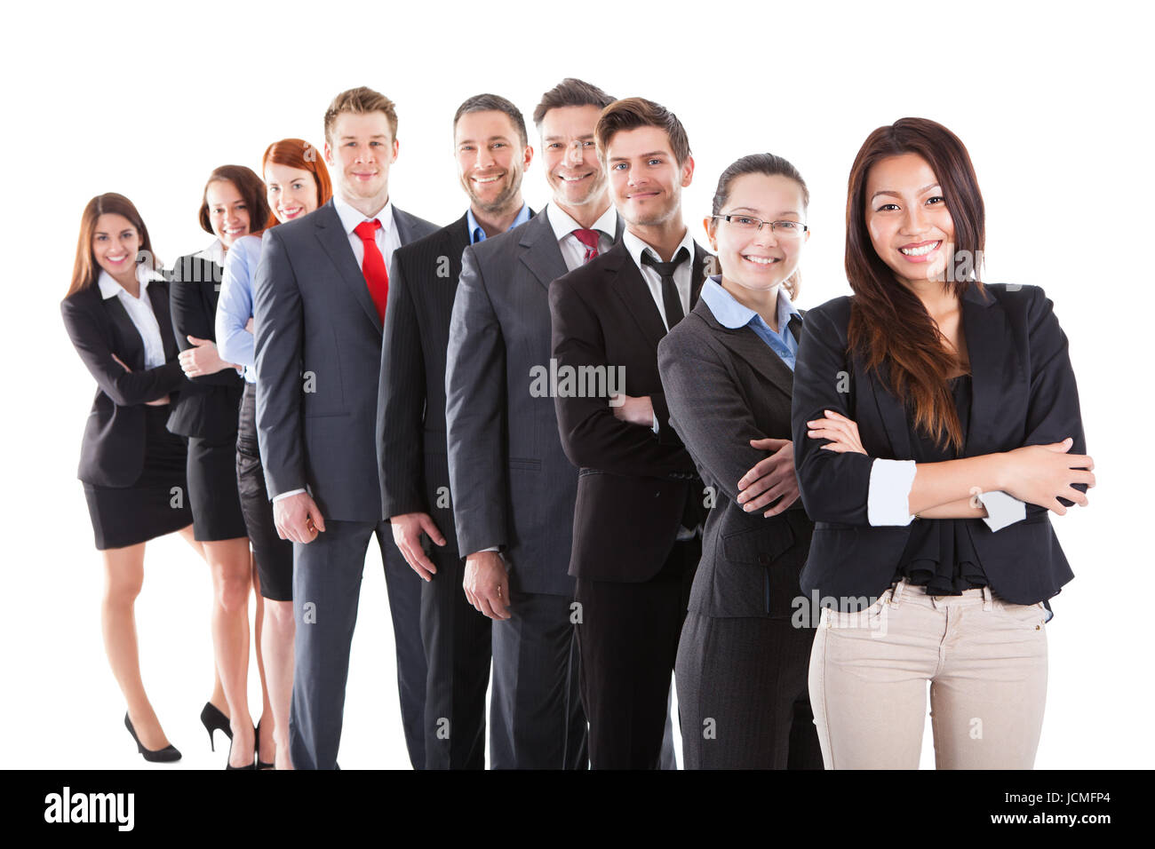 Business people standing in row over white background Stock Photo - Alamy