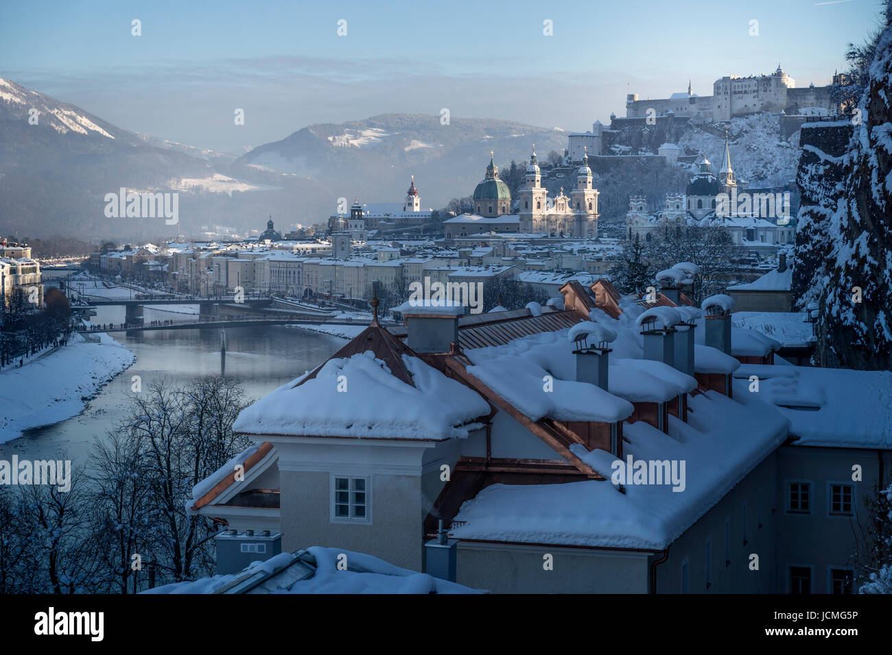 Winter fairy tale, old town of Salzburg with castle, view from