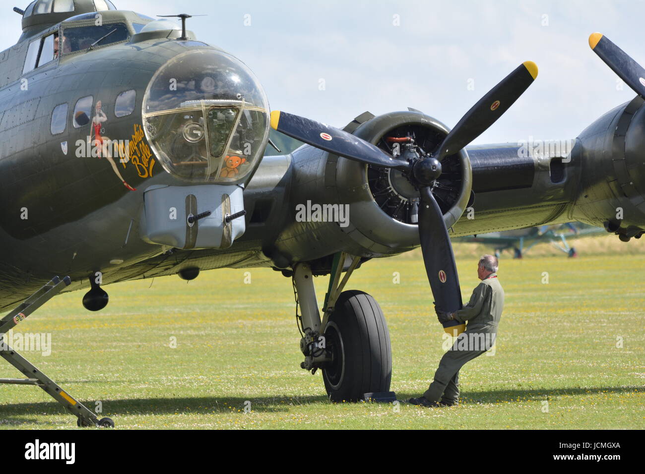 B 17 Flying Fortress Sally B Memphis Bell engine close up engineer