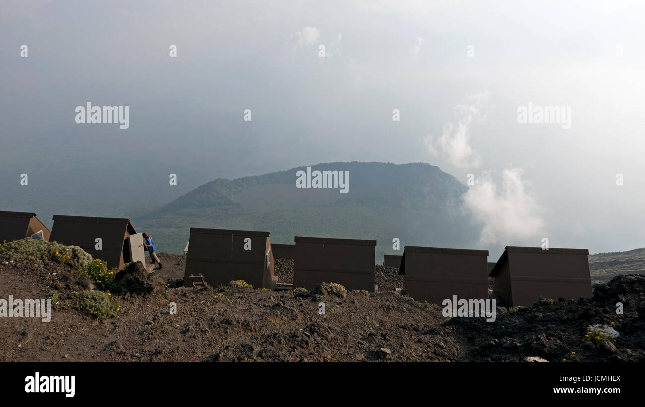 Shelters on the top of Nyiragongo Volcano in Virunga National Park, Eastern Congo Stock Photo