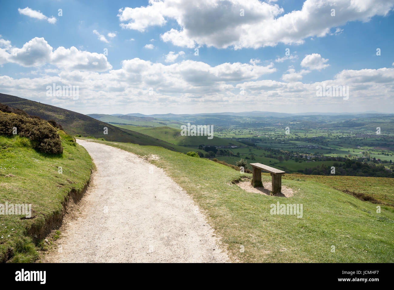 Bench at Moel Famau country park with stunning views over the Vale of Clwyd. Stock Photo